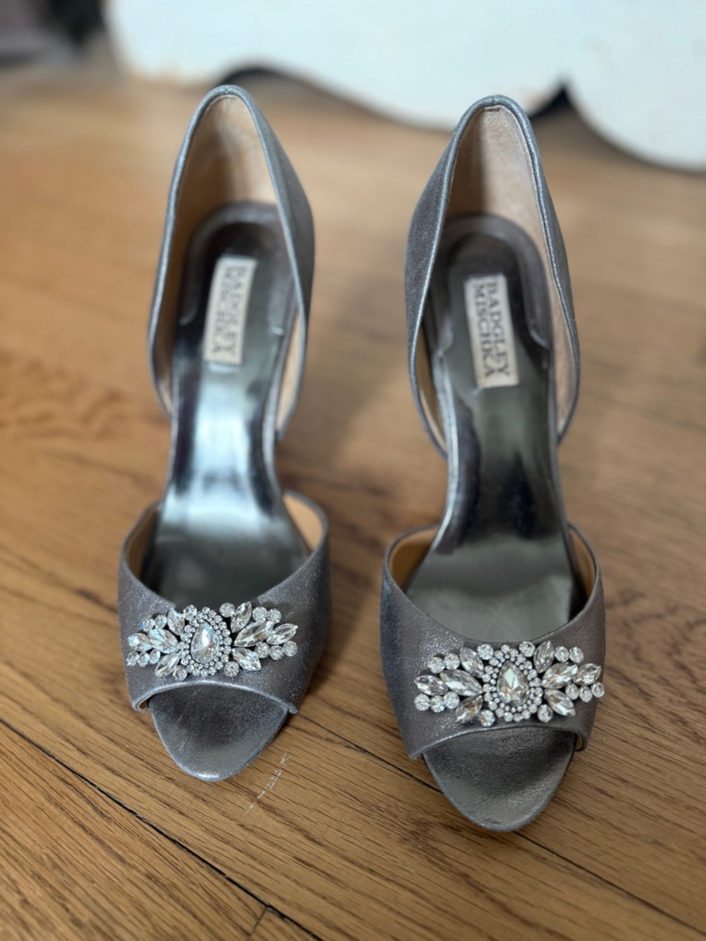 Badgley Mischka Silver Satin Peep-Toe Crystal Heels - Picture 3 of 8